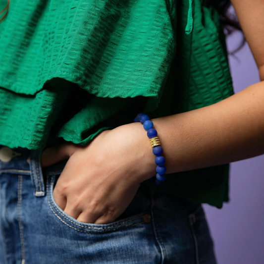 18k Gold Plated Navy Semi Precious Beaded Stretch Bracelet with Gold Decorative Rondelle