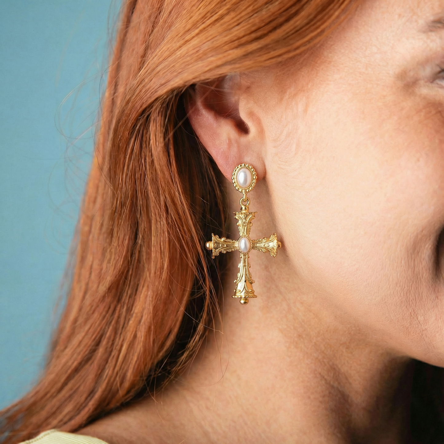 Artisan Pearl Post Earring with Gold Decorative Cross with Pearl Center