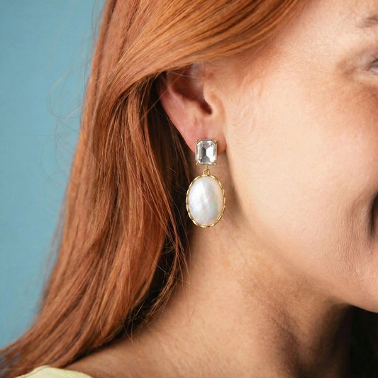 Crystal Square Post Earring with Shell Oval