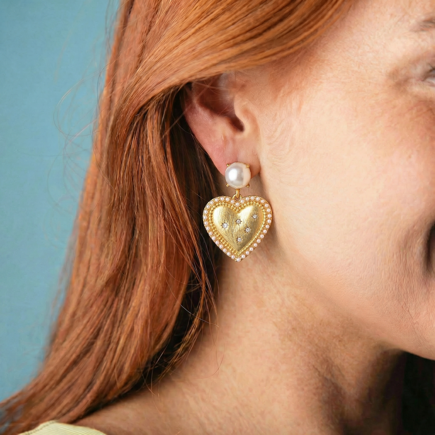 Pearl Post Earring with Gold Heart with Pearl Edges