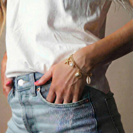 18k Gold Plated Gold Chain Lobster Bracelet with Pearl, Clam, Starfish, Cowrie Charms