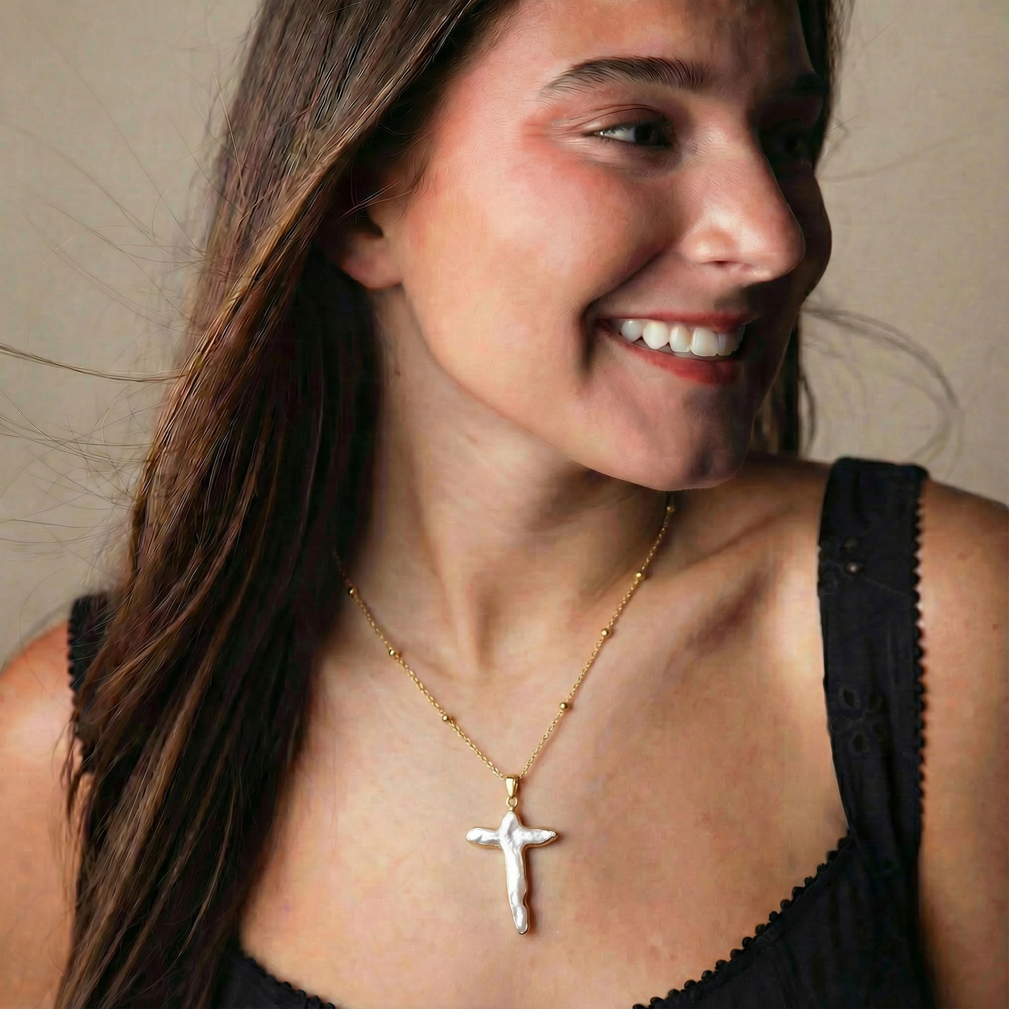 18k Gold Plated Ball Station Chain Necklace with Electroplated Pearl Cross