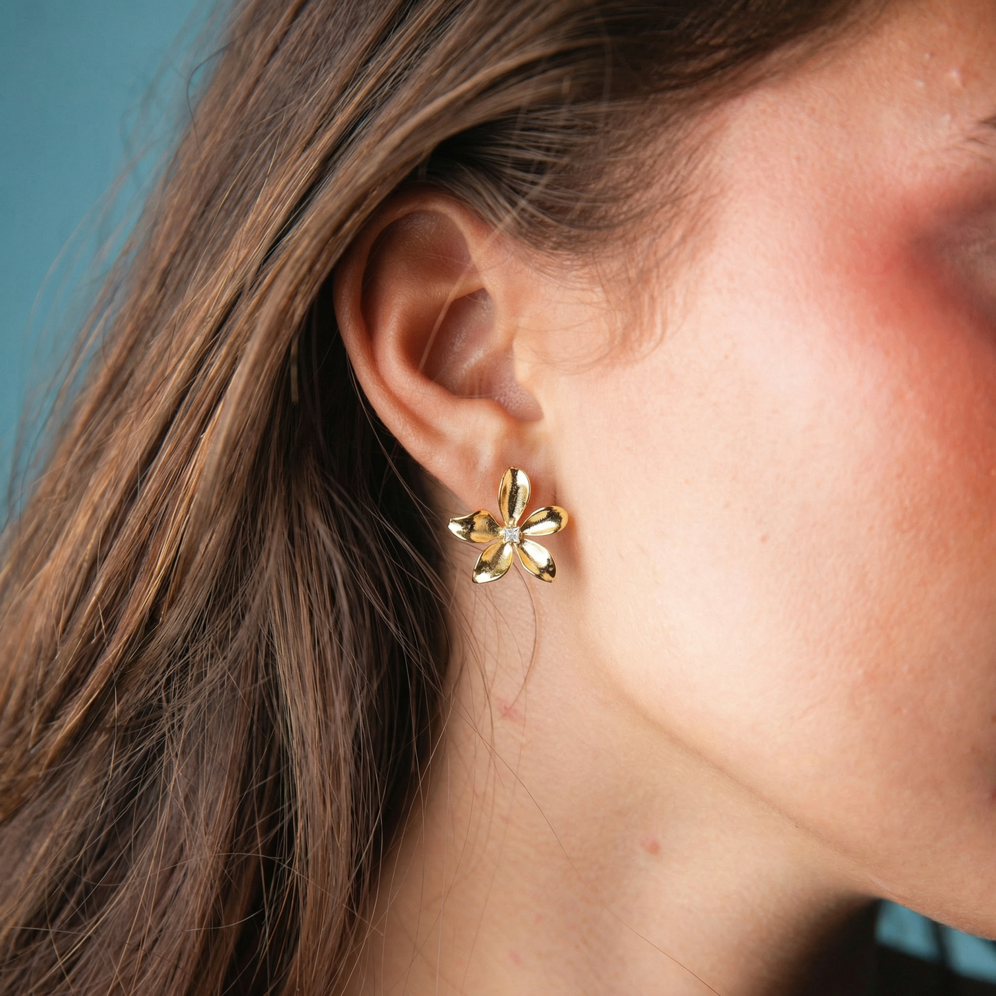 Gold Flower with Clear Crystal Center Earring