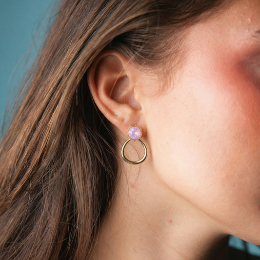 Pink Opal, Gold Circle Post with Gold Open Shape Earring
