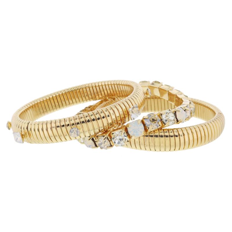 Set of 3 Chunky Gold Flex Bangles Moonstone Champagne Crystal Band Accents Bracelet 8 Around