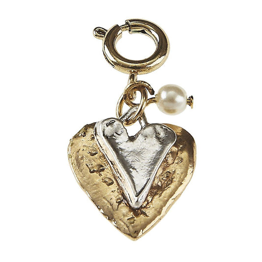 Light Antique Silver And Light Antique Gold Heart, Disk, and Ivory Pearl Cluster Charm