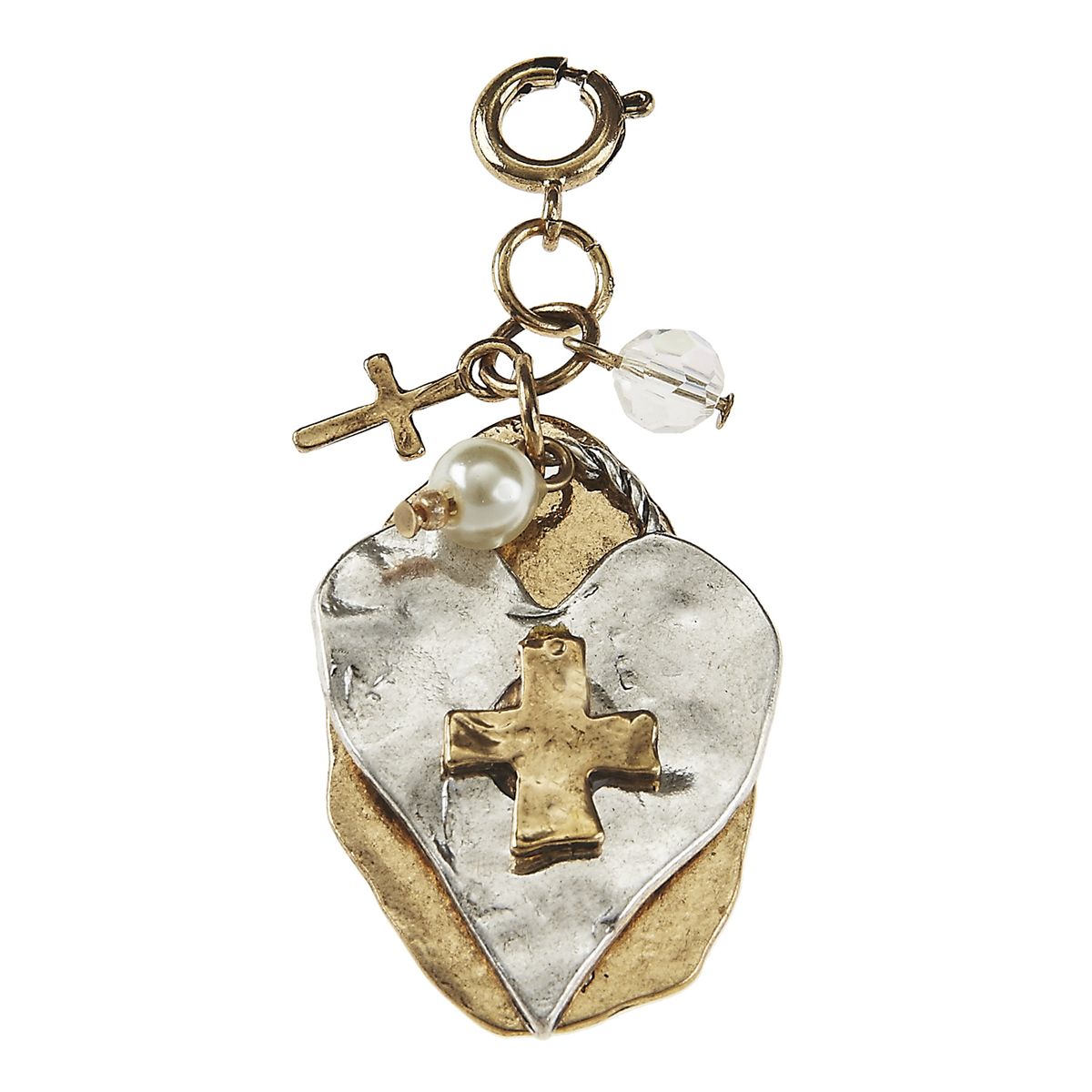 Light Antique Silver and Light Antique Gold Heart And Cross Cluster Charm