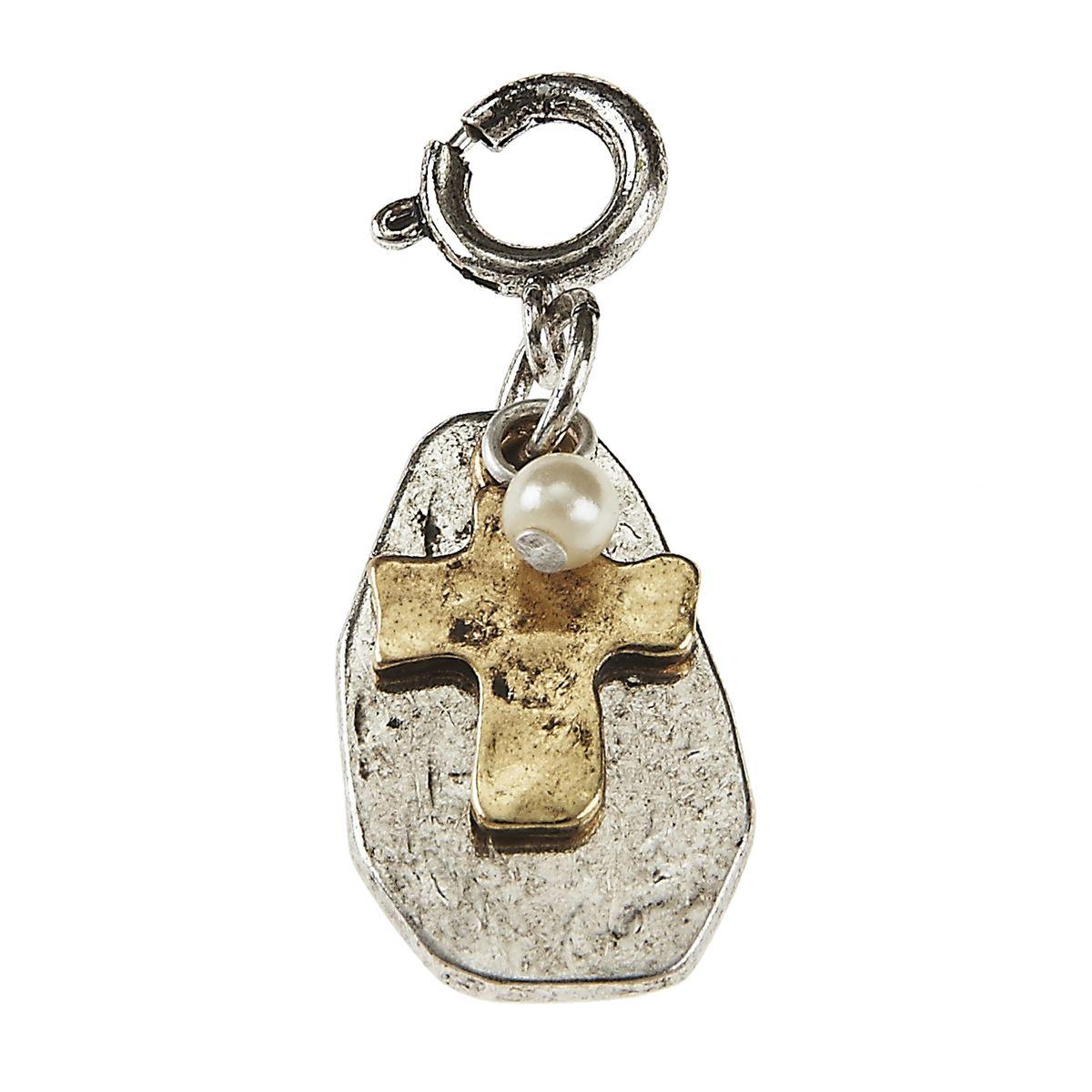 Light Antique Silver and Light Antique Gold Cross, Disk, and Ivory Pearl Cluster Charm