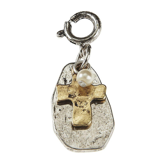 Light Antique Silver and Light Antique Gold Cross, Disk, and Ivory Pearl Cluster Charm