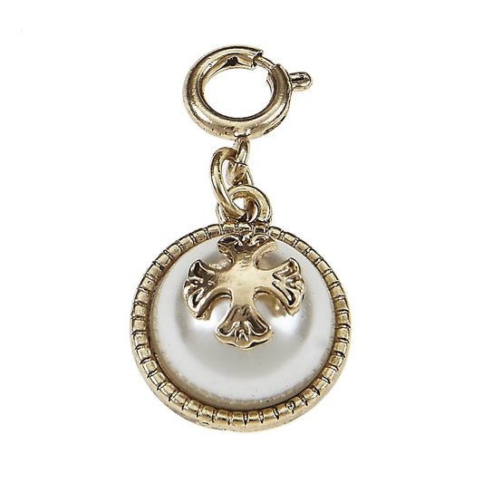 Ivory Pearl Cabochon with Antique Gold Cross Charm