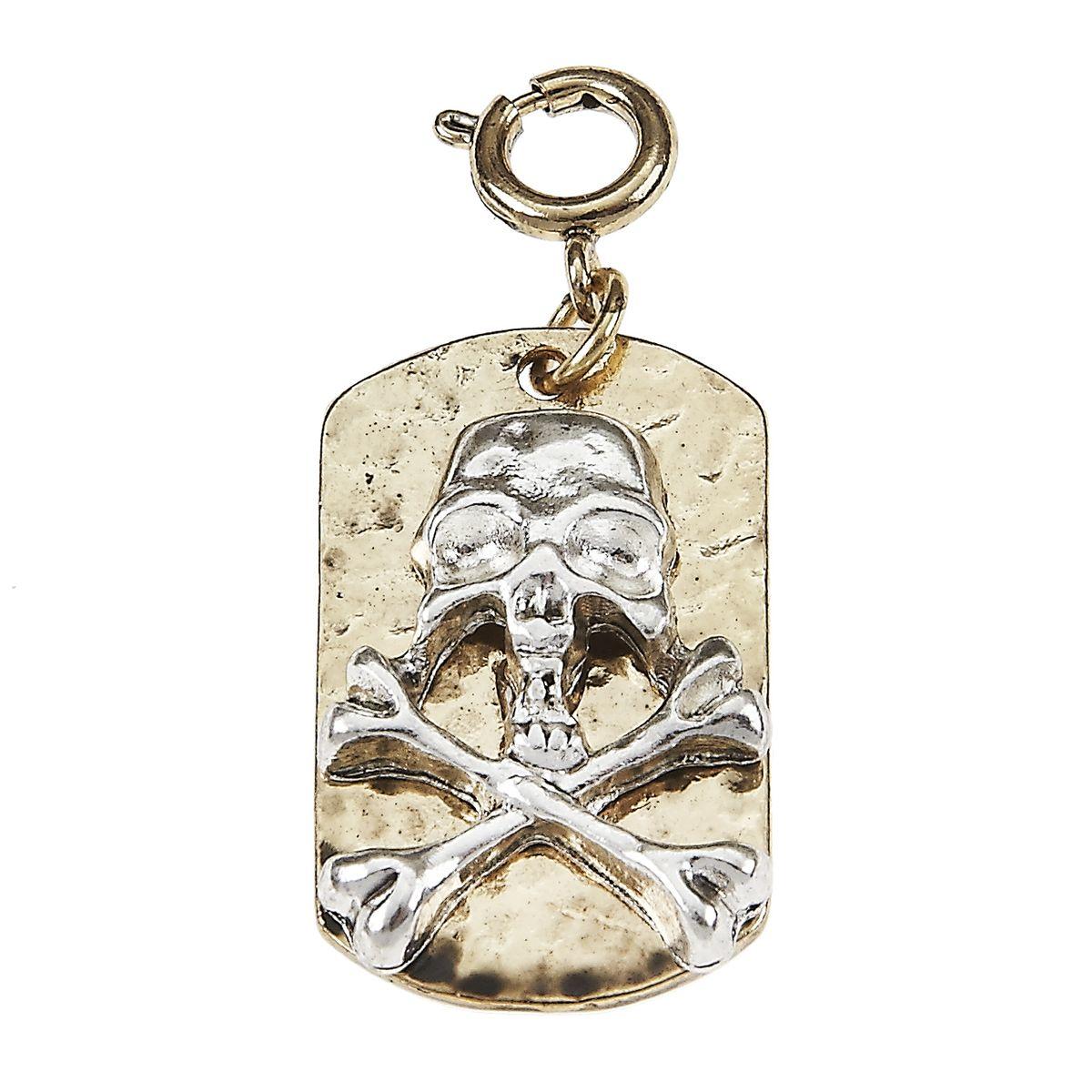 Antique Silver Skull On Antique Gold Dog Tag Charm