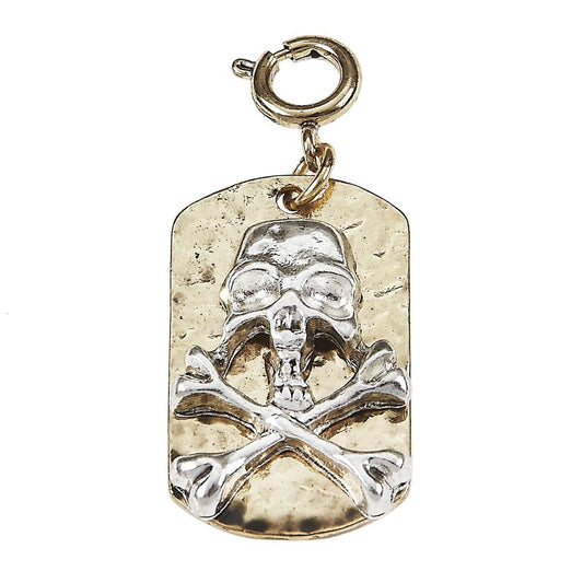 Antique Silver Skull On Antique Gold Dog Tag Charm