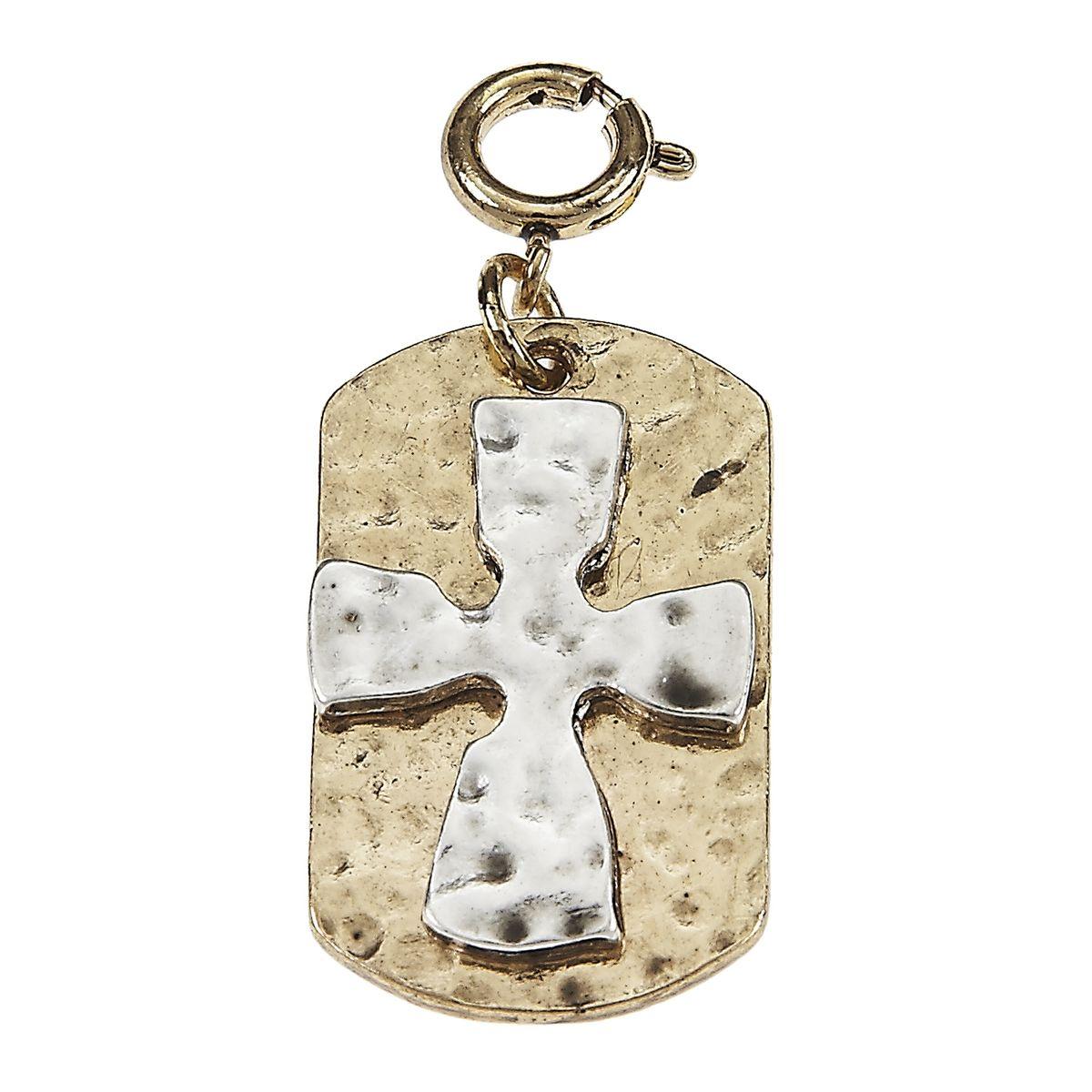 Silver Cross On Antique Gold Dog Tag Charm