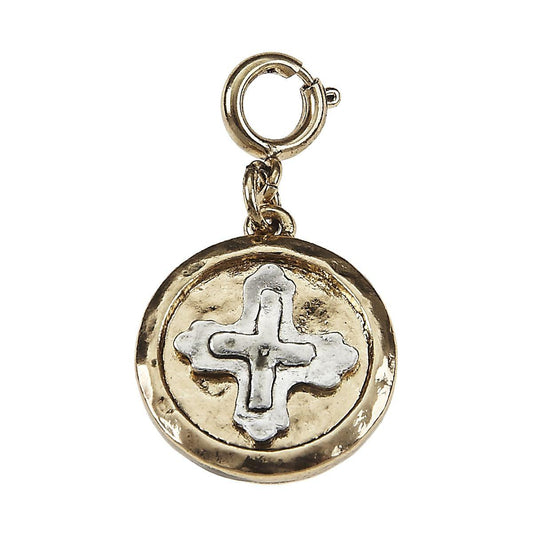 Antique Gold Hammered Disk with Antique Silver Cross Charm