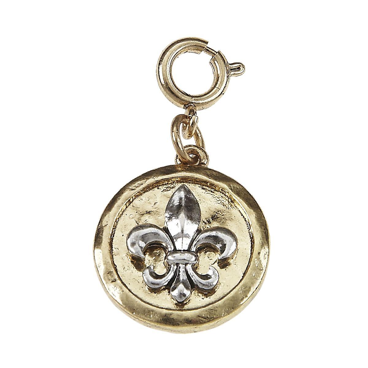 Antique Gold Hammered Disk with Antique Silver Fleur De Lis Charm