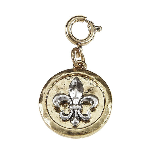 Antique Gold Hammered Disk with Antique Silver Fleur De Lis Charm