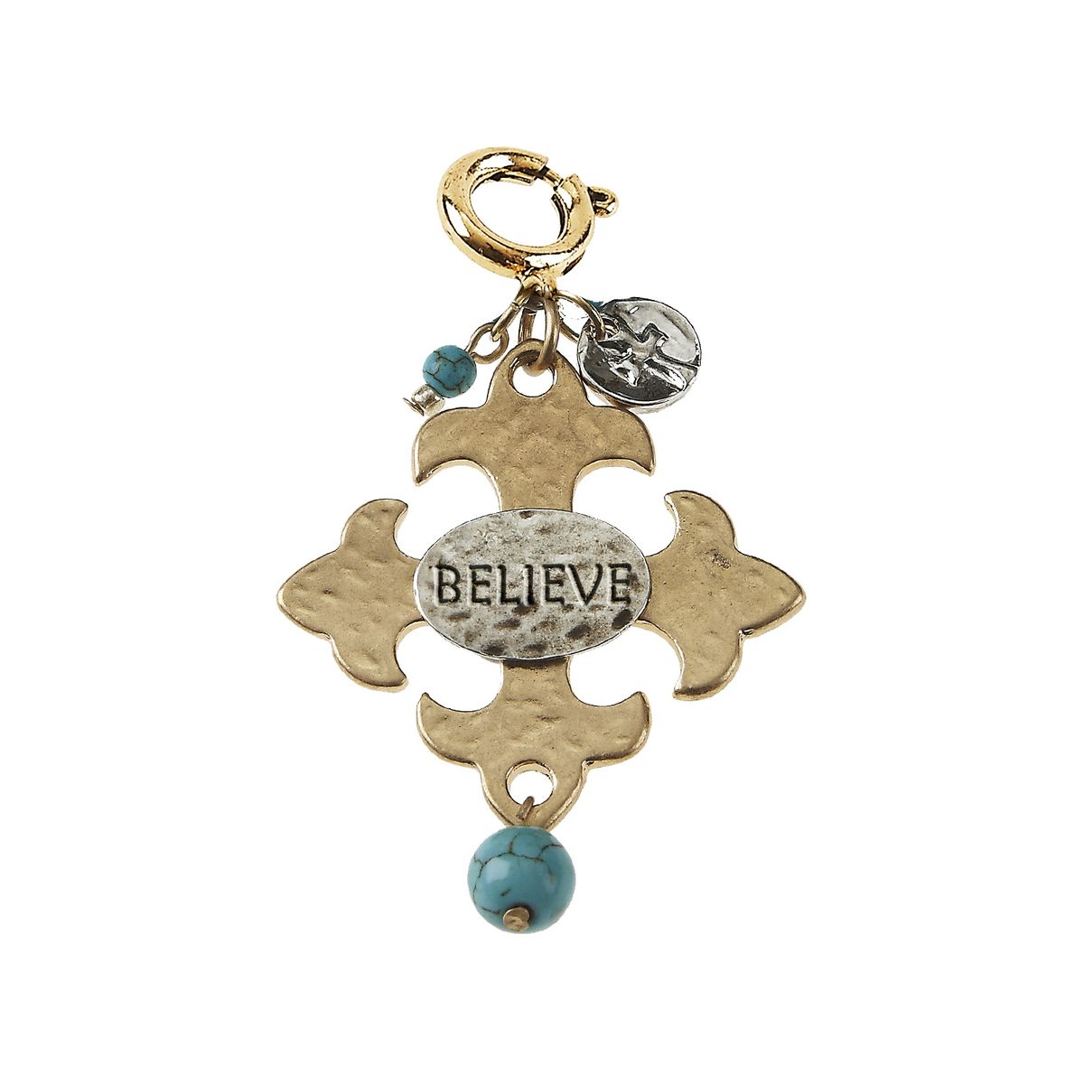 "Believe" Square Hammered Cross with Turquoise Bead Charm