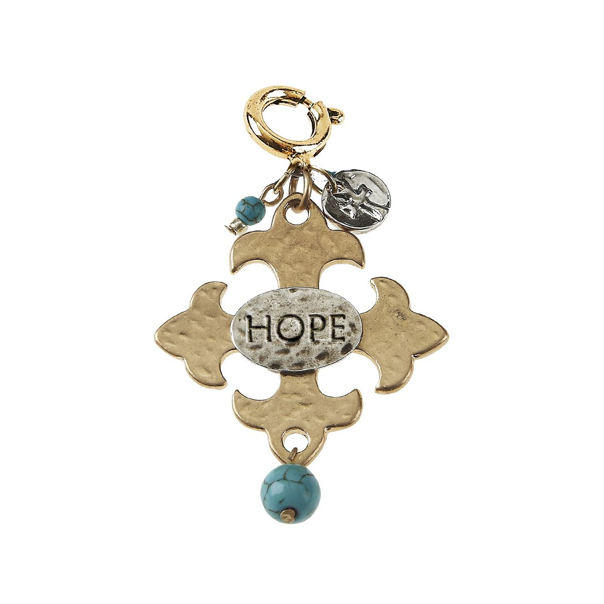 "Hope" Square Hammered Cross with Turquoise Bead Charm
