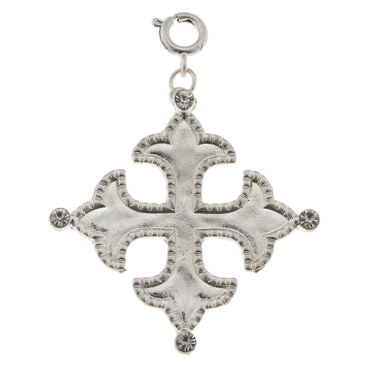 Antique Silver Square Cross with Rhinestone Corners Charm