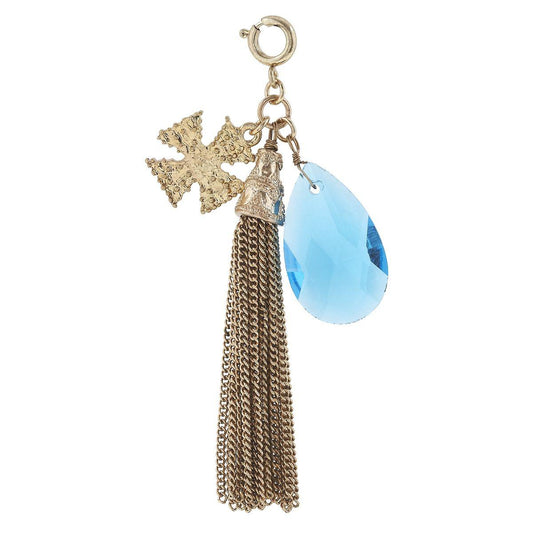 Antique Gold Tassel and Cross with Aqua Glass Charm