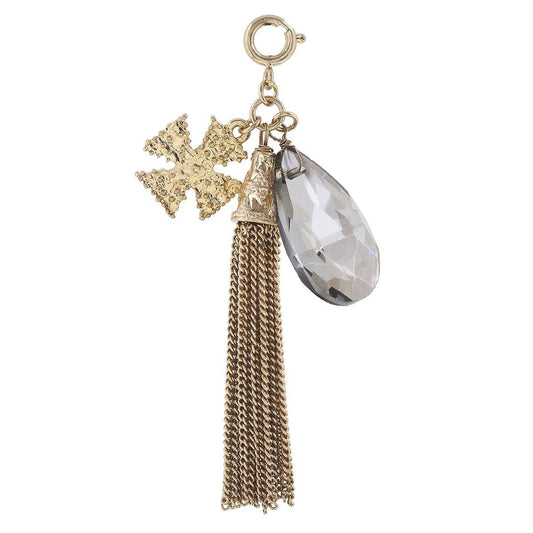 Antique Gold Tassel and Cross with Black Diamond Glass Charm