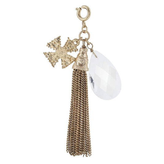 Antique Gold Tassel and Cross with Clear Glass Charm
