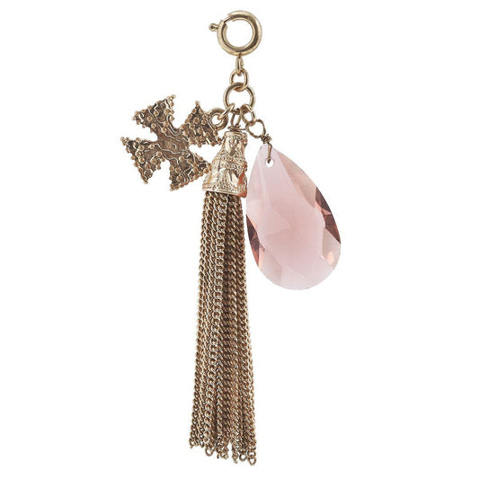 Antique Gold Tassel and Cross with Rose Teardrop Charm