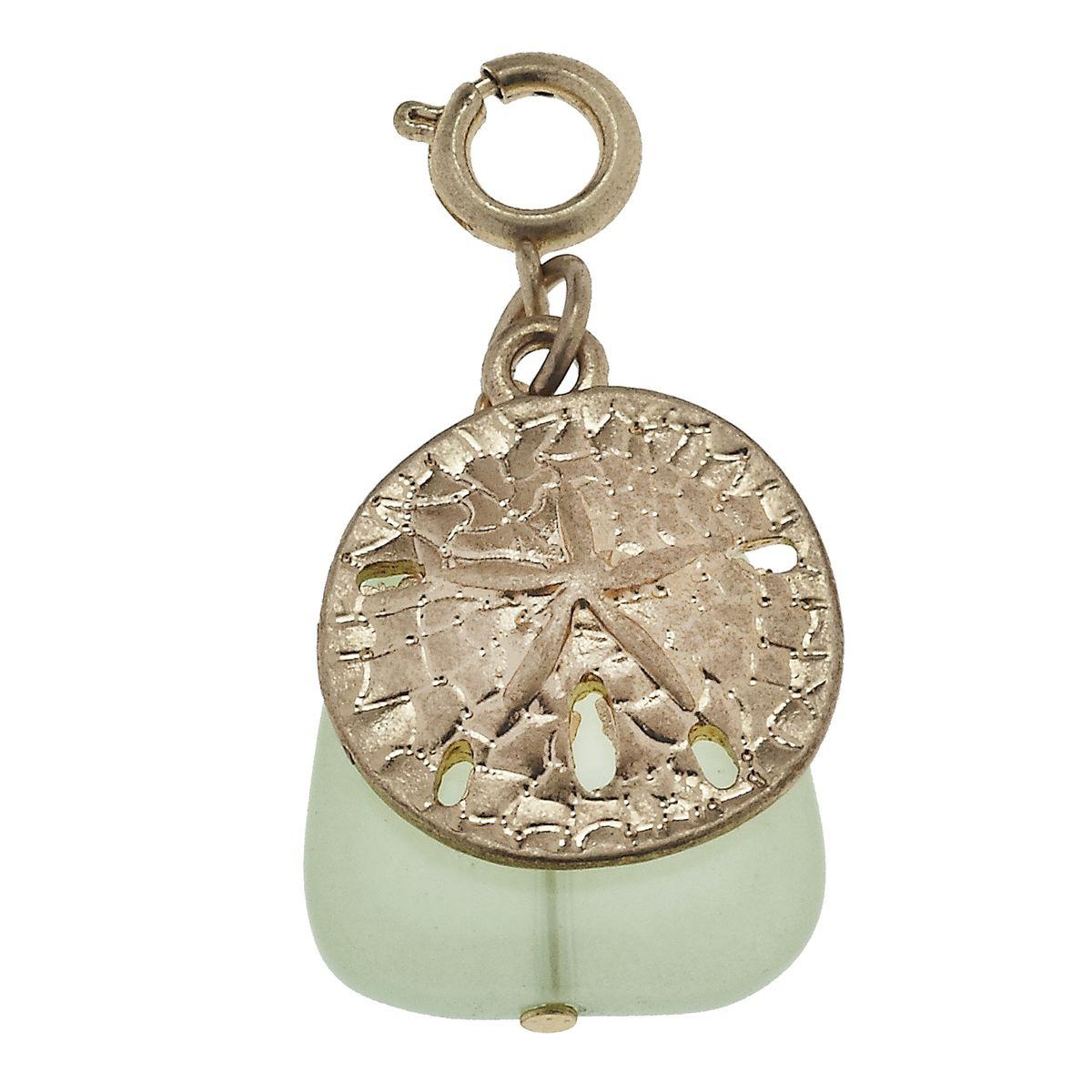 Antique Gold Sand Dollar and Light Green Glass Charm