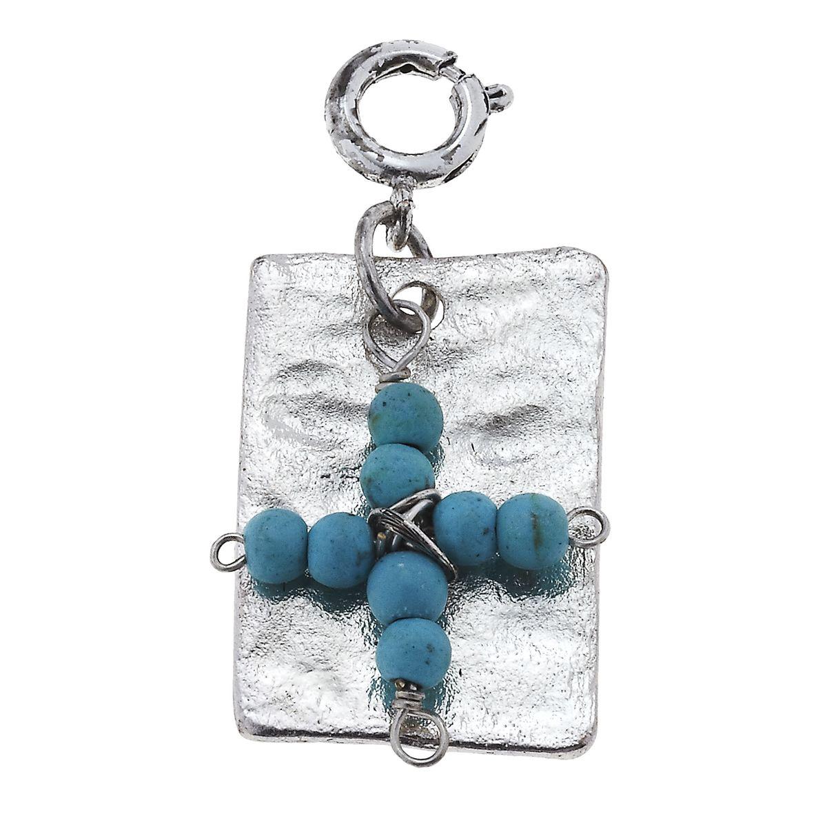 Antique Silver Plate with Turquoise Beaded Cross Charm