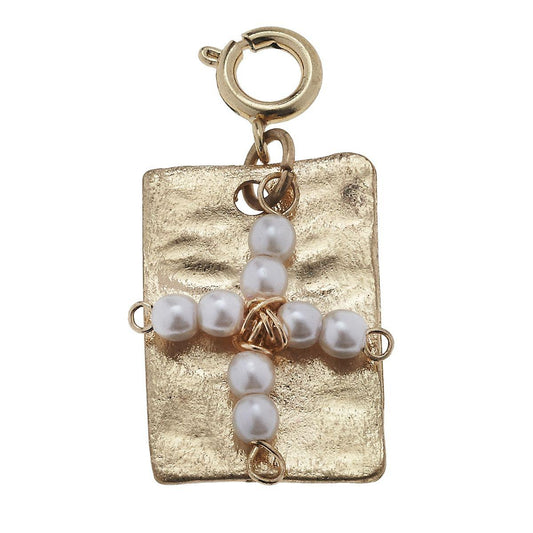 Antique Gold Plate with Ivory Beaded Cross Charm