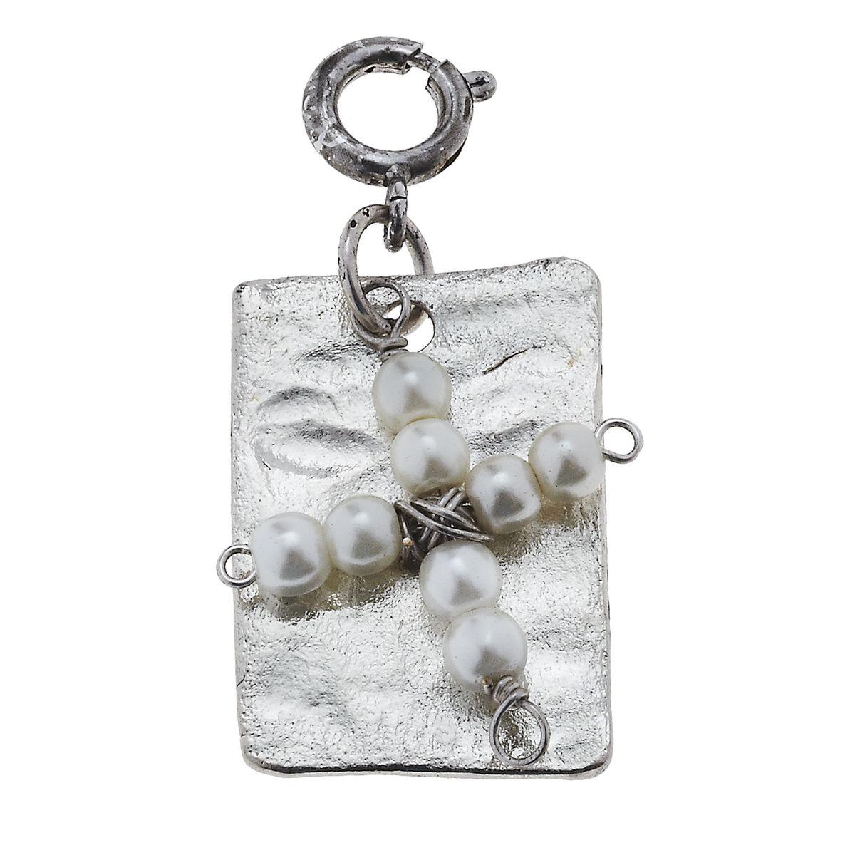 Antique Silver Plate with Ivory Beaded Cross Charm