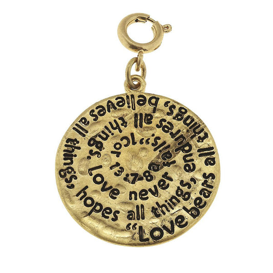 Antique Gold 1 Cor 13:7-8 Scripture Swirl Charm