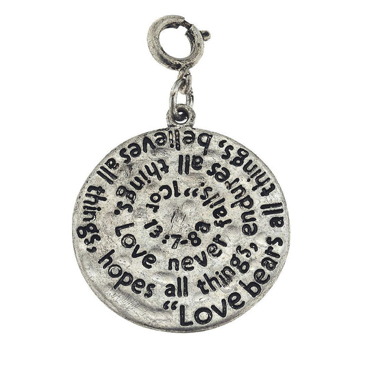 Antique Silver 1 Cor 13:7-8 Scripture Swirl Charm