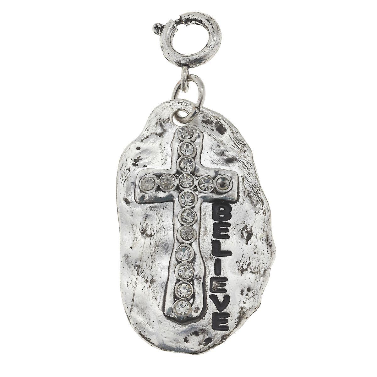 Silver "Believe" Plate with Rhinestone Cross Charm