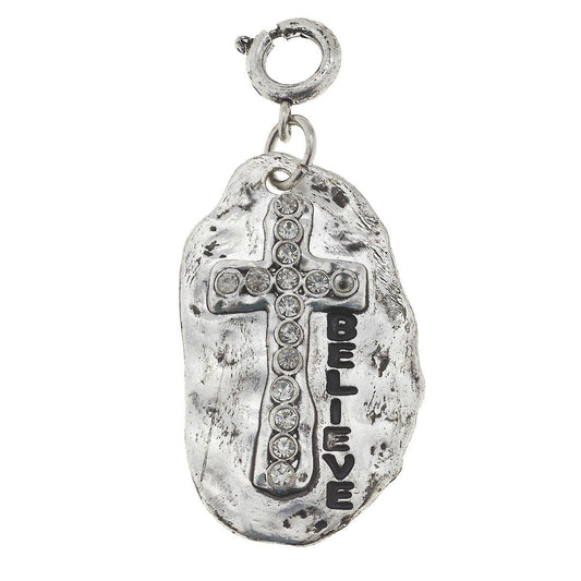 Silver "Believe" Plate with Rhinestone Cross Charm