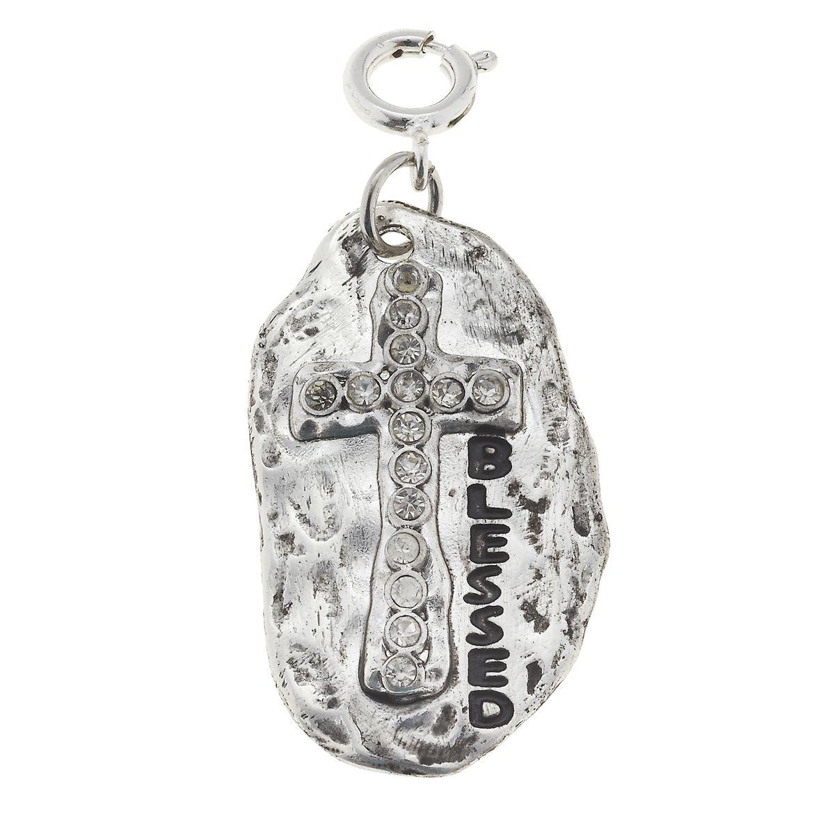 Silver "Blessed" Plate with Rhinestone Cross Charm