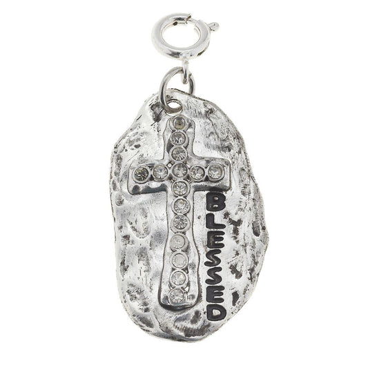 Silver "Blessed" Plate with Rhinestone Cross Charm