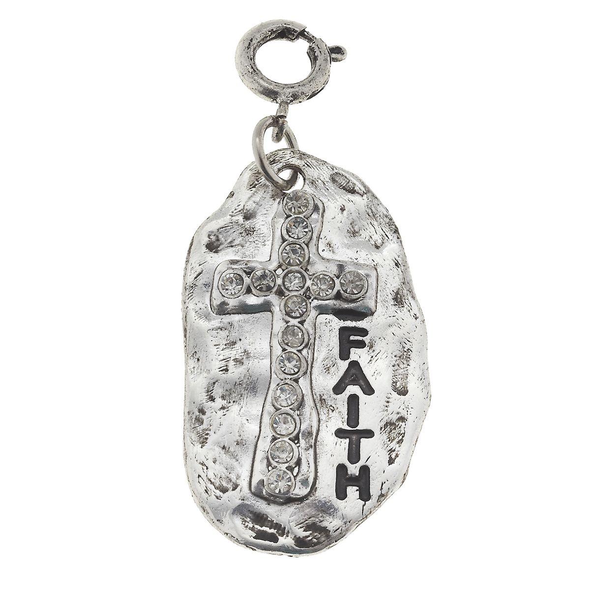 Silver "Faith" Plate with Rhinestone Cross Charm