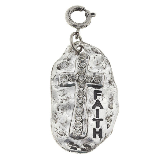 Silver "Faith" Plate with Rhinestone Cross Charm