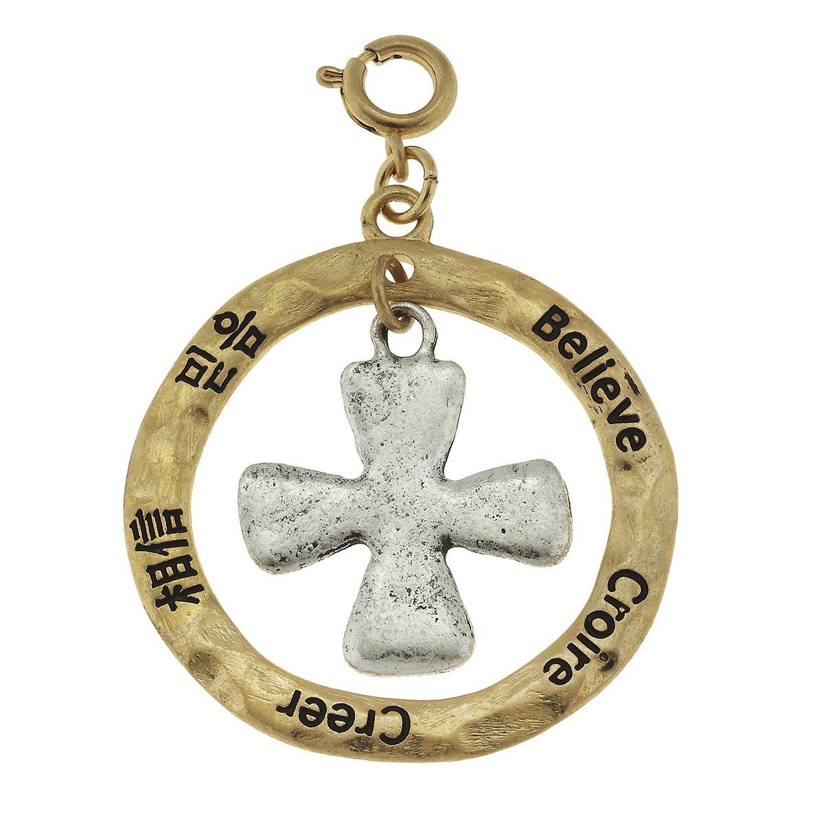 2-Tone Silver Cross in Gold Loop "Believe" Charm