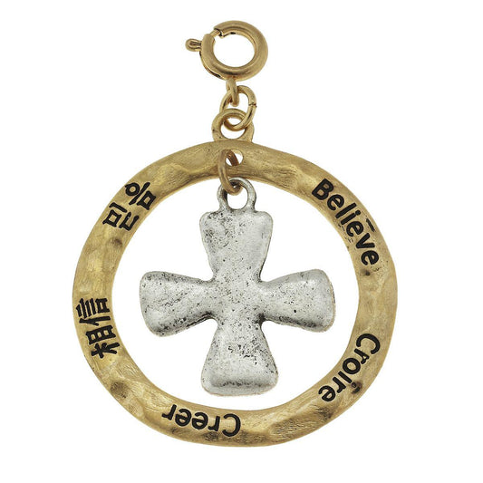 2-Tone Silver Cross in Gold Loop "Believe" Charm