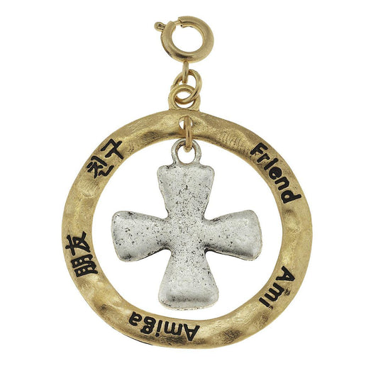 2-Tone Silver Cross in Gold Loop "Friend" Charm