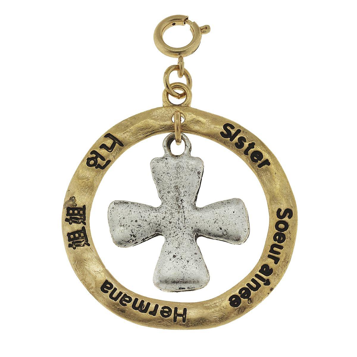 2-Tone Silver Cross in Gold Loop "Sister" Charm