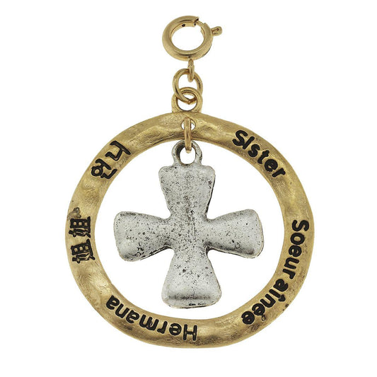 2-Tone Silver Cross in Gold Loop "Sister" Charm
