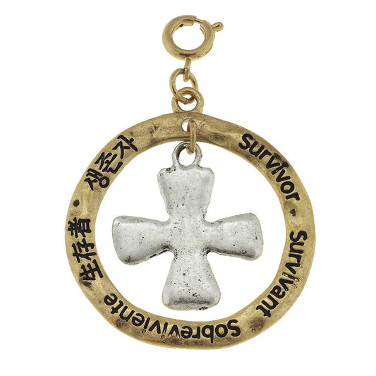 2-Tone Silver Cross in Gold Loop "Survivor" Charm