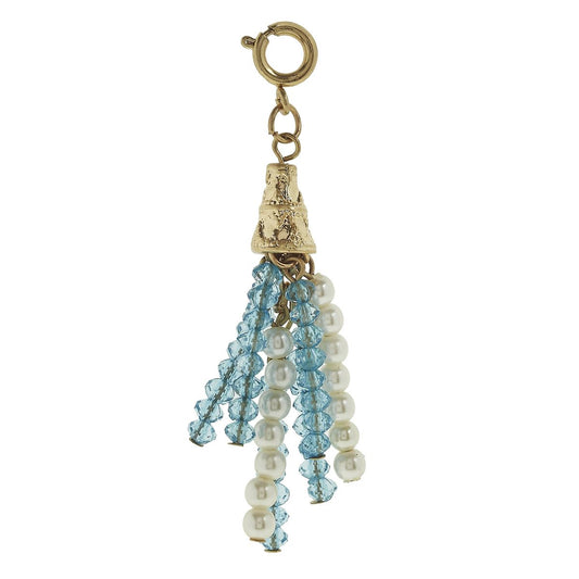 Antique Gold Aqua and Ivory Pearl Beaded Tassel Charm