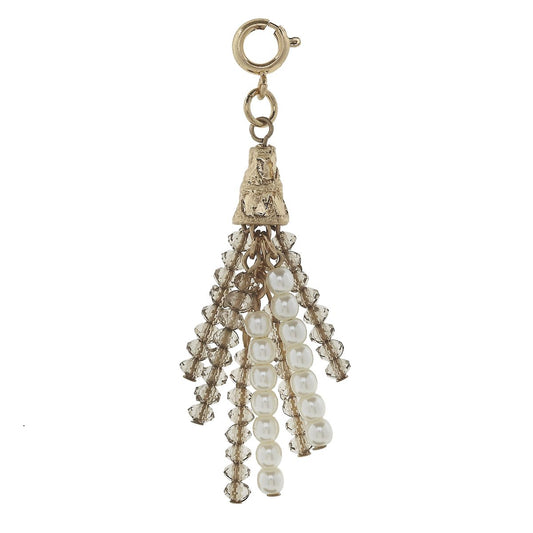 Antique Gold Black Diamond and Ivory Pearl Beaded Tassel Charm