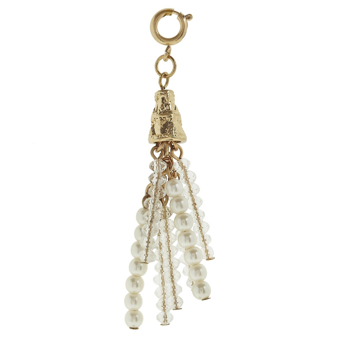 Antique Gold Clear and Ivory Pearl Beaded Tassel Charm