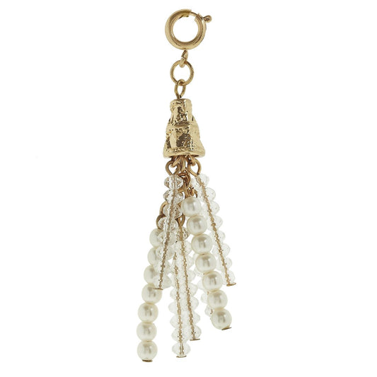 Antique Gold Clear and Ivory Pearl Beaded Tassel Charm