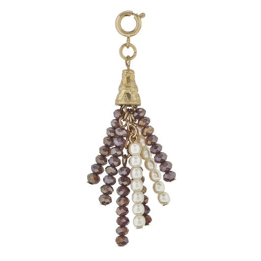 Antique Gold Lavender and Ivory Pearl Beaded Tassel Charm